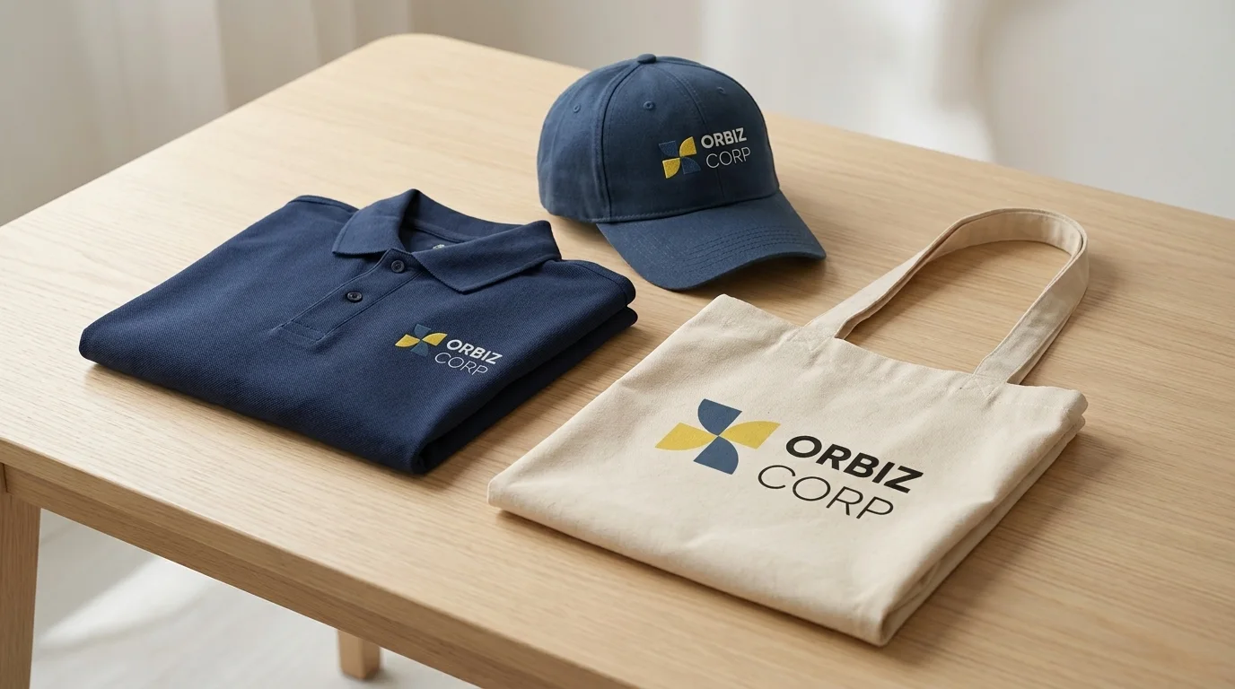 Branded navy polo shirt, cap and reusable tote bag